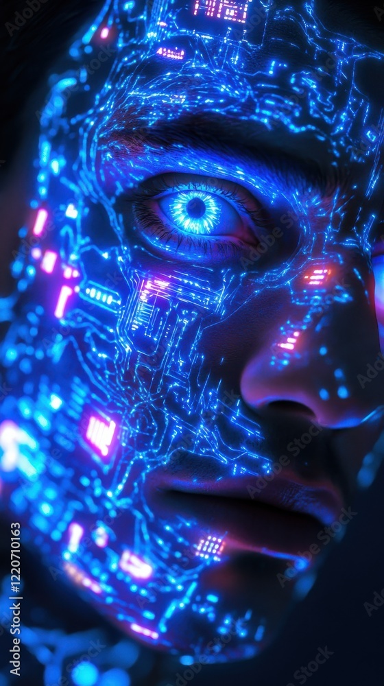 Aufkleber vibrant portrait of a man's face illuminated with futuristic circuitry patterns and glowing blue eye