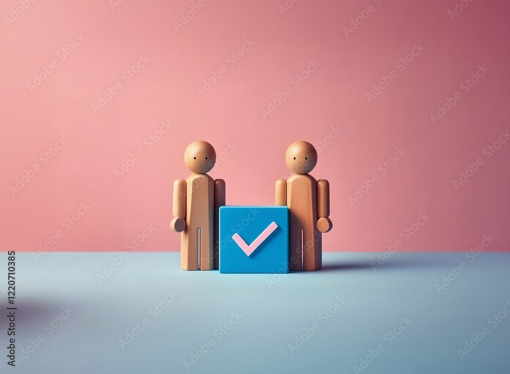 Aufkleber grainy textured image of two light brown wooden figurines standing beside a teal cube displaying a p