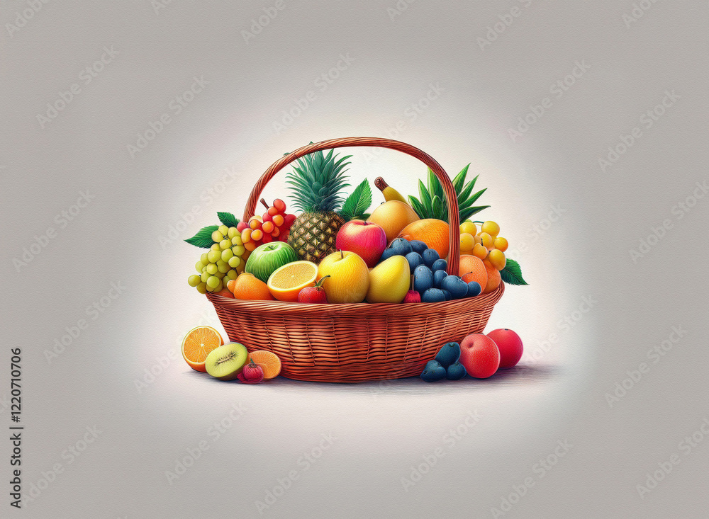 Poster a brown wicker basket overflows with a vibrant assortment of fresh fruits. the grainy texture of the