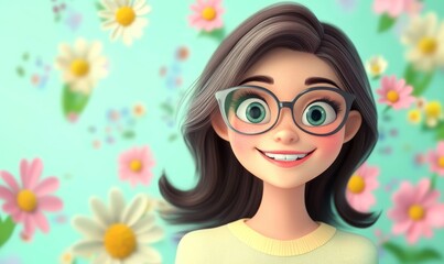 Friendly 3D Cartoon Woman Smiling Portrait with Spring Flowers Background - Young Adult Female Positive Emotions Concept Illustration, Generative AI