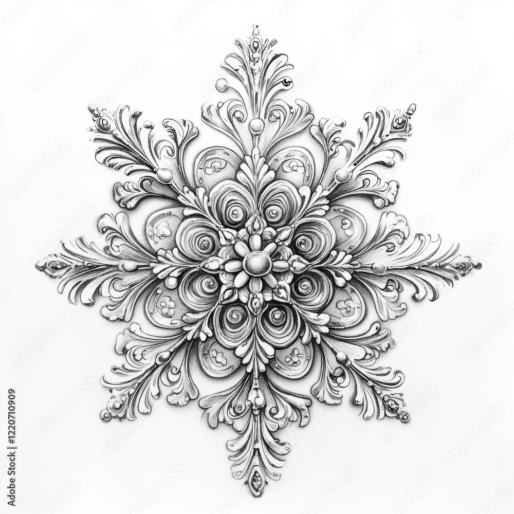 Poster Intricate symmetrical snowflake design showcasing ornate details with floral patterns in a monochromatic palette