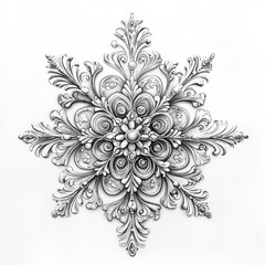 Intricate symmetrical snowflake design showcasing ornate details with floral patterns in a monochromatic palette