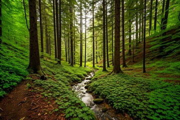 A lush forest with a flowing creek and tall trees.