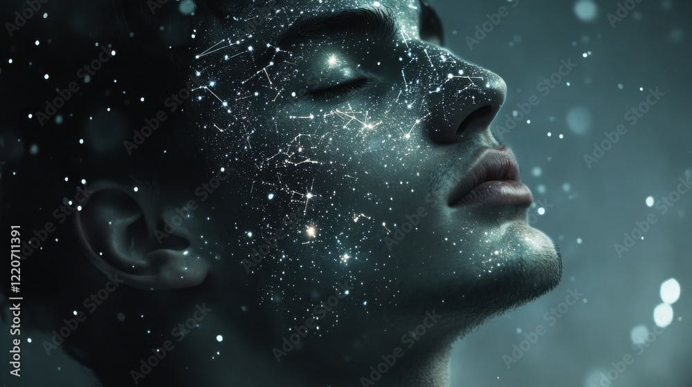 Aufkleber portrait of a man with cosmic patterns glowing across his face in a tranquil, ethereal atmosphere