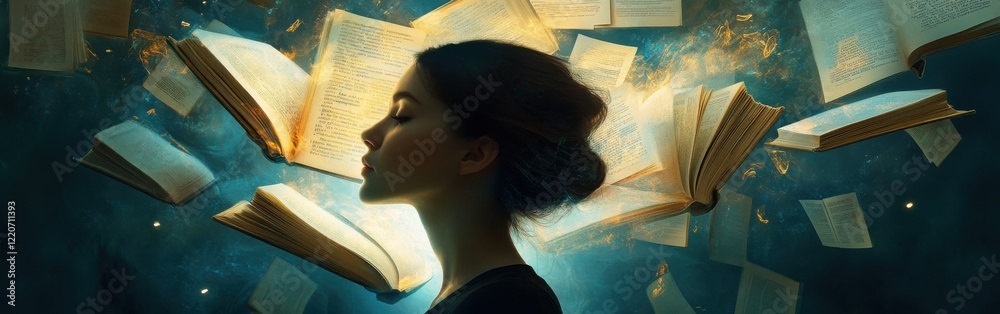Poster portrait of a woman surrounded by floating books in a tranquil setting, showcasing her calm beauty a