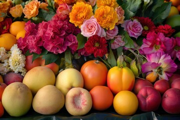 A neatly arranged farmera??s market display with vibrant fruits and fresh flowers