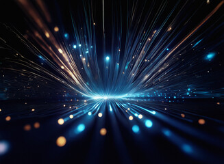 Fototapeta premium Grainy texture of light streaks radiating outwards from a central point, creating a sense of speed and energy in a dark, abstract space. Blue and gold light particles are dispersed throughout.
