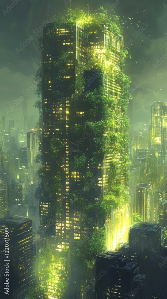 Poster glowing skyscraper surrounded by greenery at dusk in an urban environment with city lights illuminat