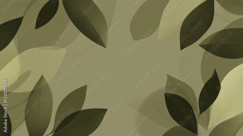 Poster rich olive green flat background with soft reflections and translucent leaves creating a peaceful se