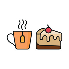 Tea mug drink and cheesecake food icon illustrated in a vibrant and playful cartoon style, bursting with cheerful colors and dynamic details, ideal for casual dining, fun branding, and creative design