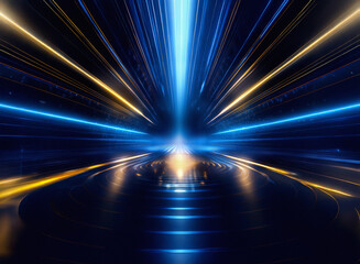 Grainy texture, vibrant blue and gold light streaks converge at a central point, creating a futuristic, high-speed effect.  The dark background enhances the glowing lines.