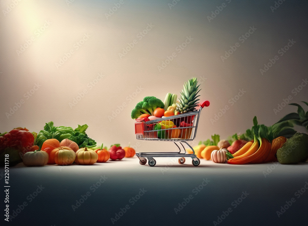 Poster A miniature shopping cart overflowing with vibrant fruits and vegetables sits between two piles of produce. The grainy texture of the image adds a unique visual appeal.