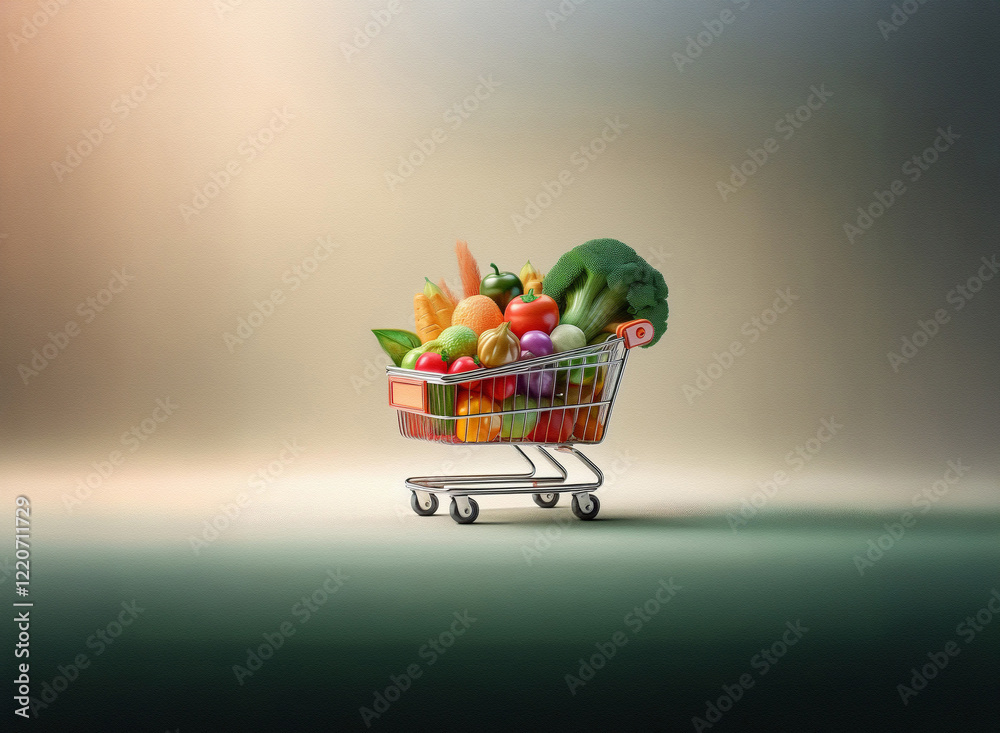 Poster a miniature shopping cart overflowing with vibrant, fresh vegetables. the grainy texture of the imag