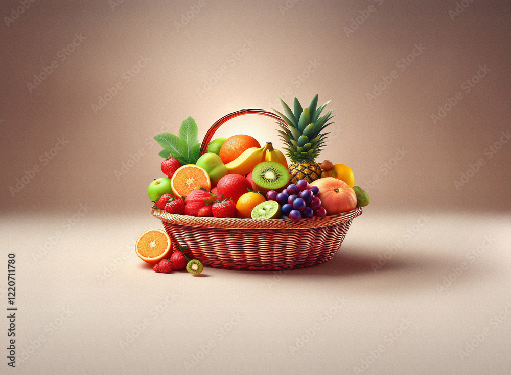 Poster a brimming wicker basket overflows with a vibrant assortment of fresh fruits. the grainy texture of 