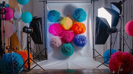 Colorful and festive photo studio with a variety of lighting equipment and backdrops.