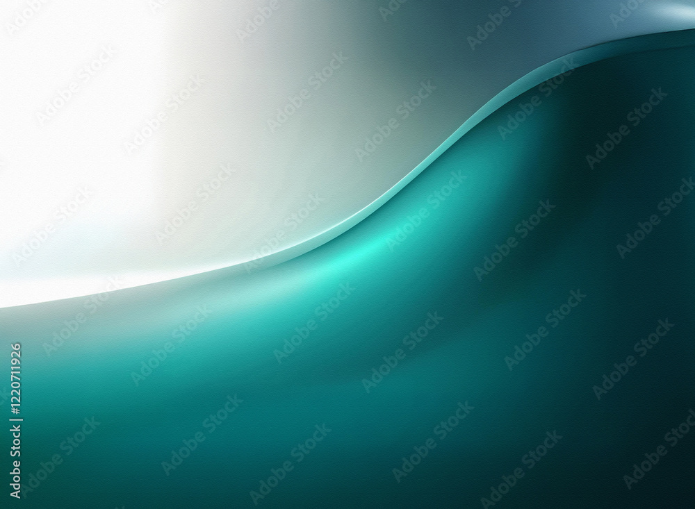 Poster Abstract image with a grainy texture.  A teal wave flows from dark to light, creating a smooth, flowing design against a bright white background. The image has a soft, almost ethereal feel.