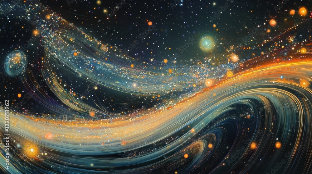 Poster mystical visualization of a spaceship traveling through the vibrant universe filled with stars and c