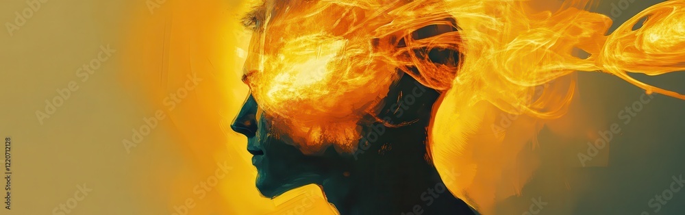Poster Mystical profile of a man filled with fiery patterns and vibrant colors representing creativity and passion