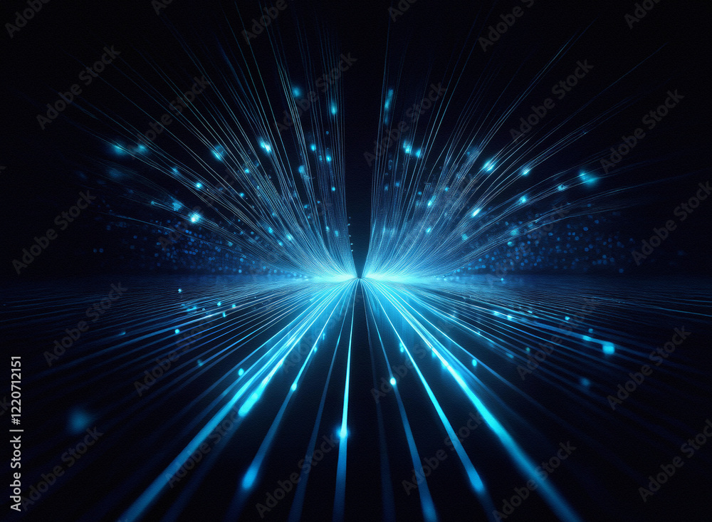 Poster grainy texture of blue light streaks radiating outwards from a central point, creating a sense of sp