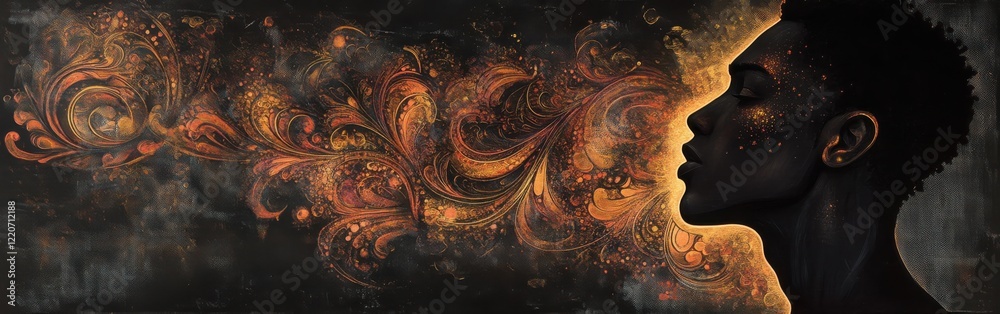 Poster Mystical profile of a man surrounded by swirling patterns and colors reflecting inner thoughts and emotions