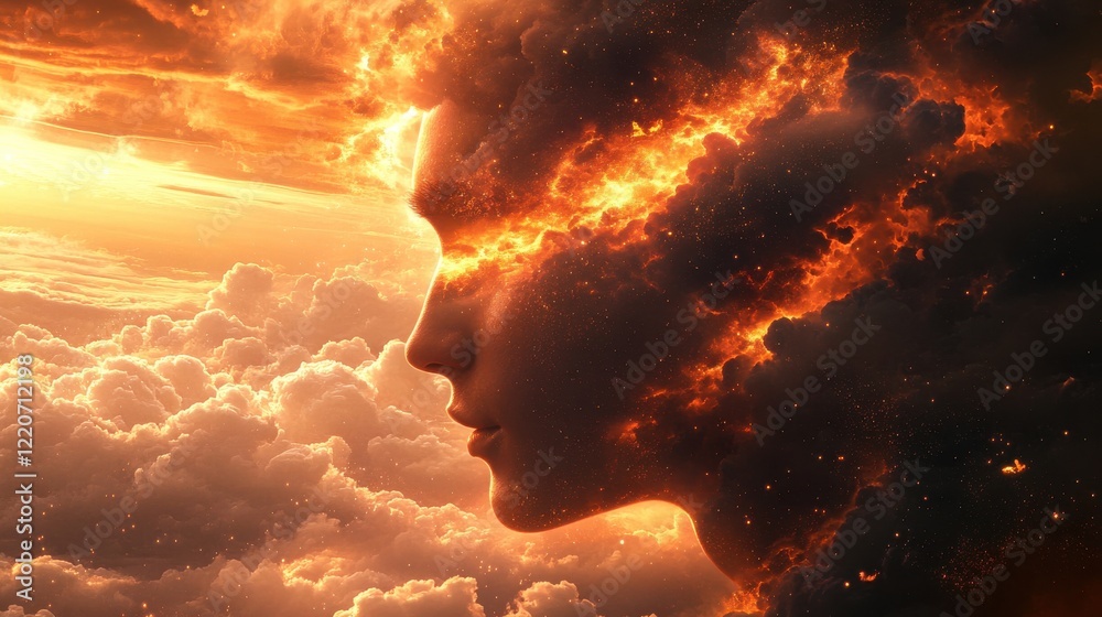 Poster mystical profile of a man blended with fiery clouds during a sunset in a dreamlike atmosphere