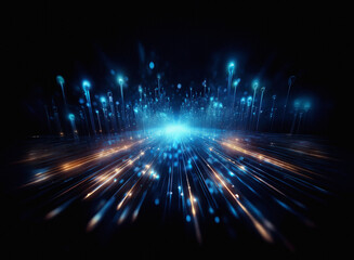 Grainy texture, vibrant blue and orange light streaks radiate from a central point, creating a dynamic, abstract image of energy and speed in the dark.