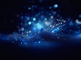 Grainy texture, dark blue abstract background.  Glowing particles resemble a sparkling, undulating landscape.  The deep blue creates a mysterious, dreamy atmosphere.