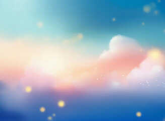Fototapeta premium A grainy, textured dreamscape of pastel sunset hues. Soft clouds drift across a blurred, ethereal sky, filled with sparkling dust motes.