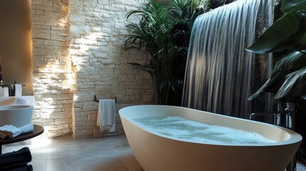Luxurious bathroom featuring a freestanding tub with a waterfall and tropical plants in a serene setting