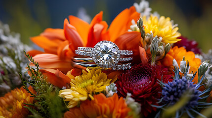 A creative macro shot of wedding rings placed on a bouquet of fresh flowers symbolizing love and commitment 