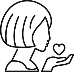 Line drawing of a woman with short hair holding a heart in her open hand, symbolizing love, care, and compassion