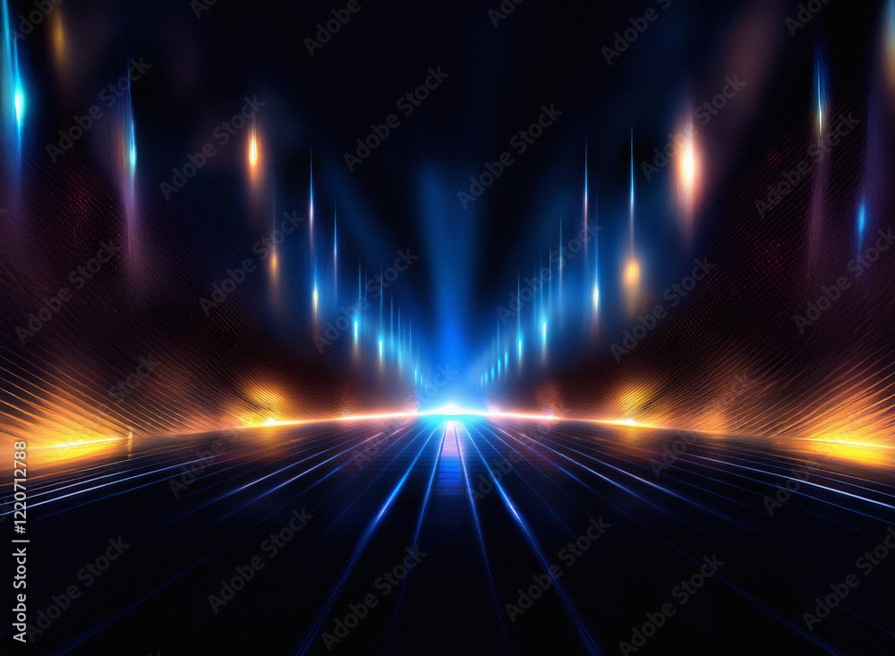 Poster grainy texture, vibrant blue and orange lights converge in a dark, abstract digital landscape. lines