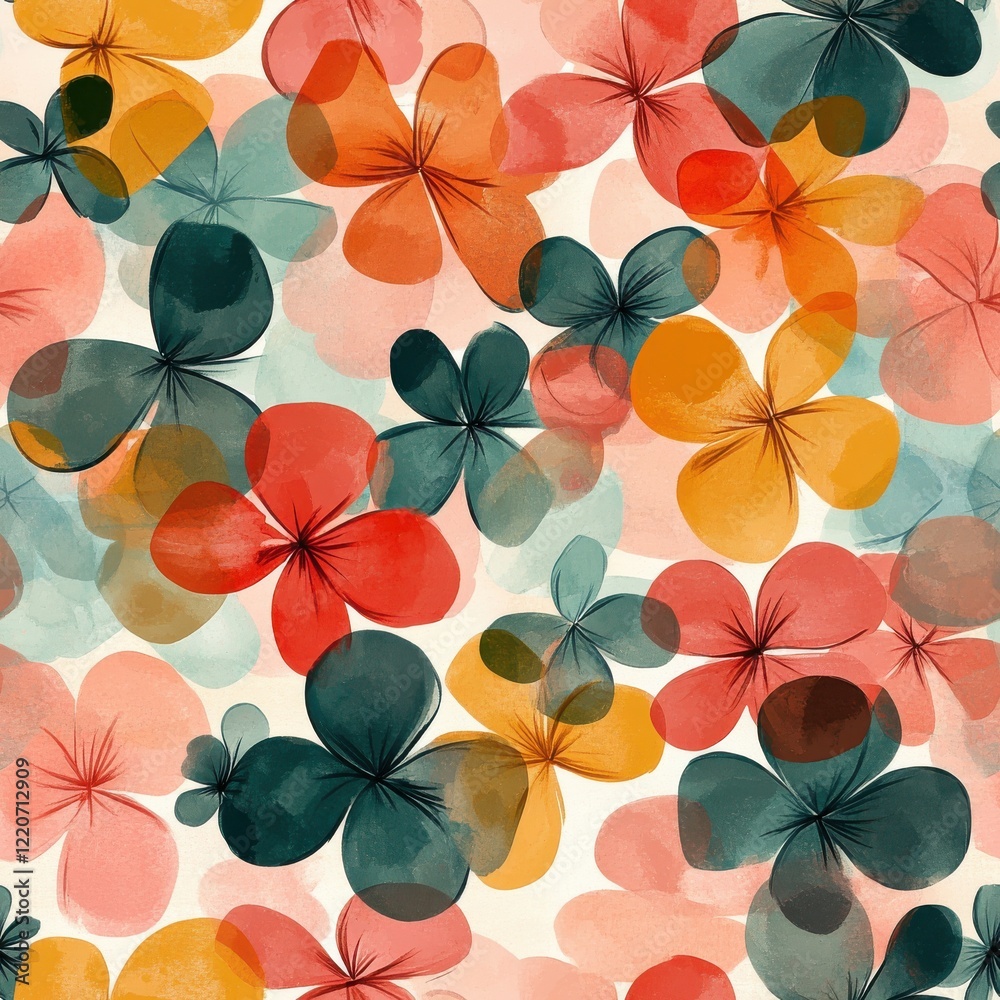 Poster vibrant watercolor doodles of colorful flowers creating a lively pattern on a light background