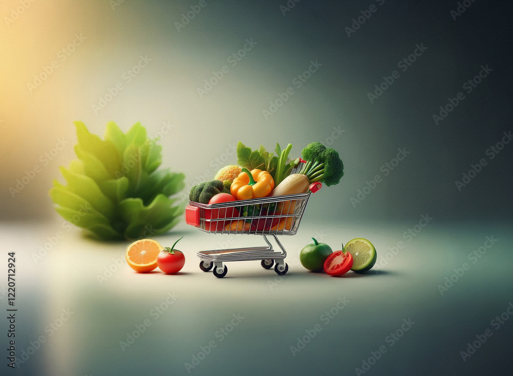 Poster a miniature shopping cart overflowing with vibrant vegetables and fruits sits on a grainy, textured 