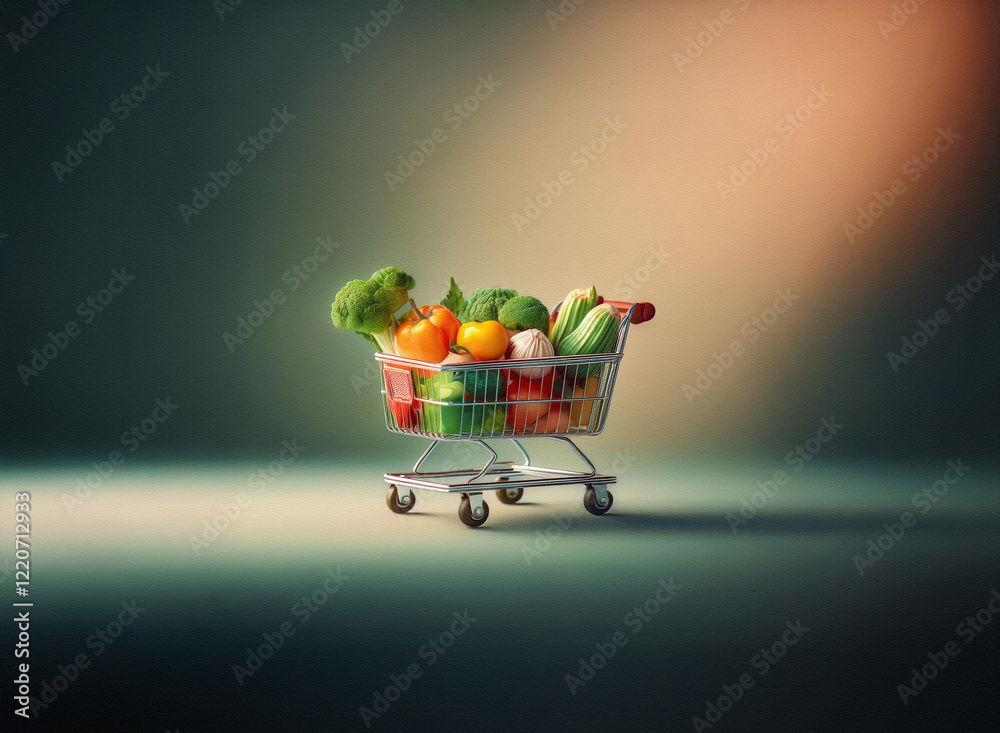 Poster a miniature shopping cart overflowing with fresh vegetables sits on a grainy, textured surface, illu
