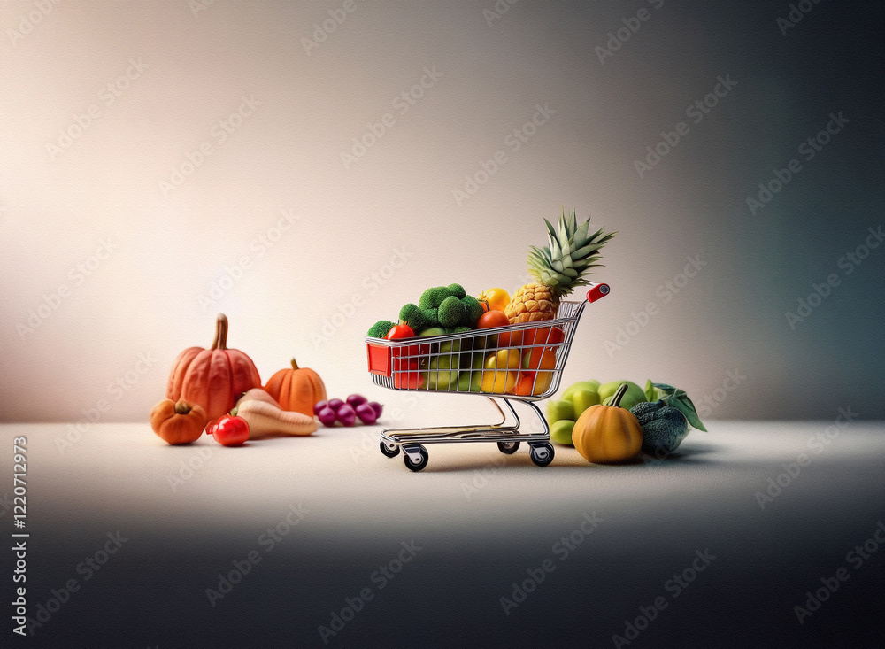 Poster a miniature shopping cart overflows with a vibrant array of fruits and vegetables. the grainy, textu