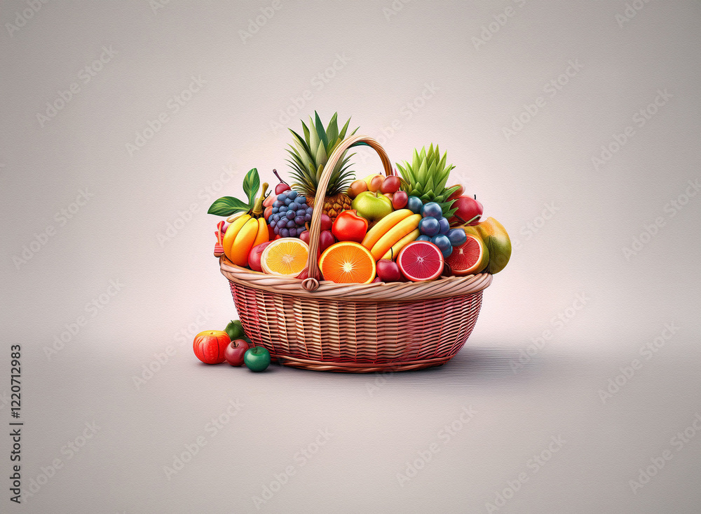Aufkleber a wicker basket overflows with a vibrant array of fresh fruits. the grainy texture of the basket con