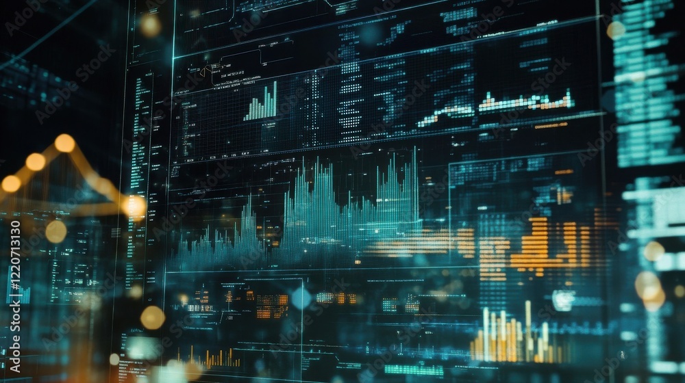 Leinwandbilder double exposure of glowing predictive graphs illustrating data trends and analytics insights