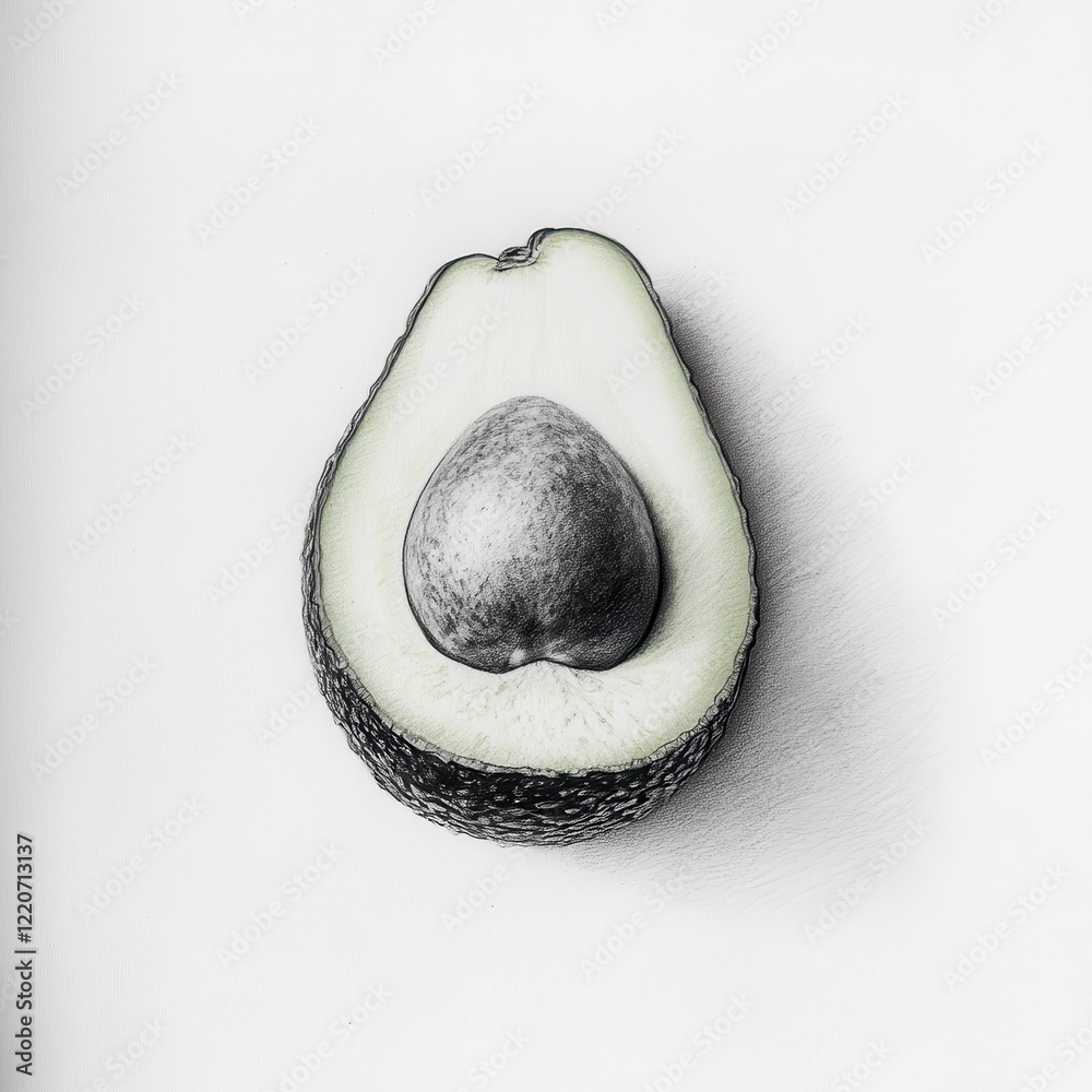 Poster cut avocado revealing the seed, drawn in an intricate and realistic style on a plain background