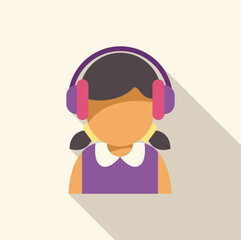 Flat design illustration of a young girl wearing headphones, enjoying music, with a long shadow effect