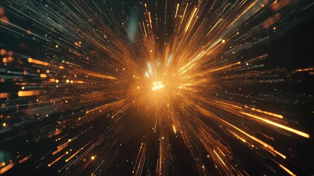 Abstract golden light rays bursting from a central point in dark space.