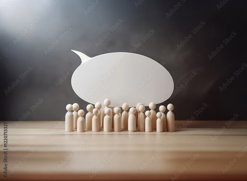 Poster grainy image of numerous small wooden figures standing before a large blank speech bubble. the scene