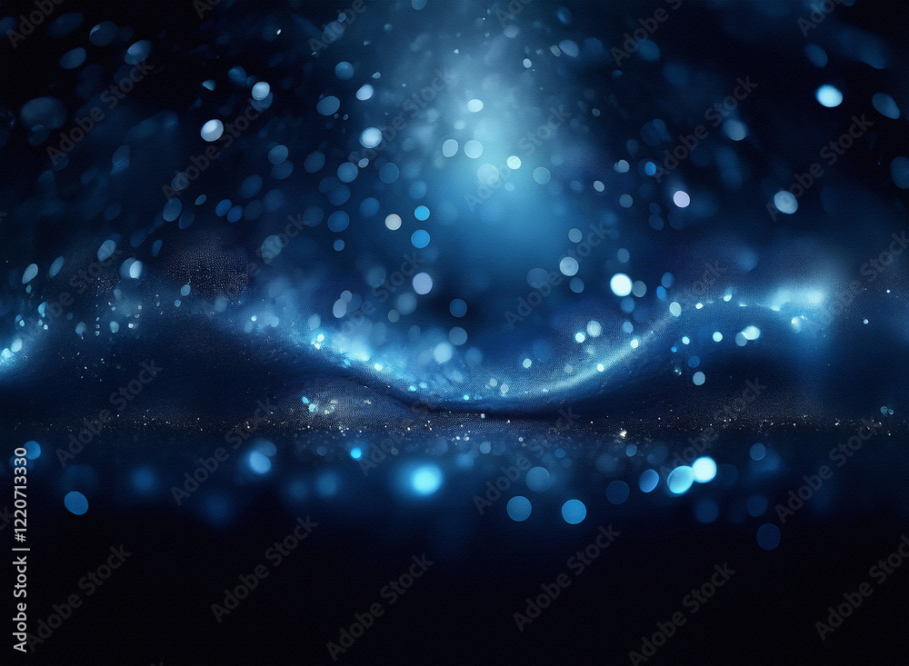 Poster A grainy, textured image of a dark blue, almost black, background with bright blue bokeh lights, creating a wave-like effect.  The texture is subtle, adding depth to the glowing particles.