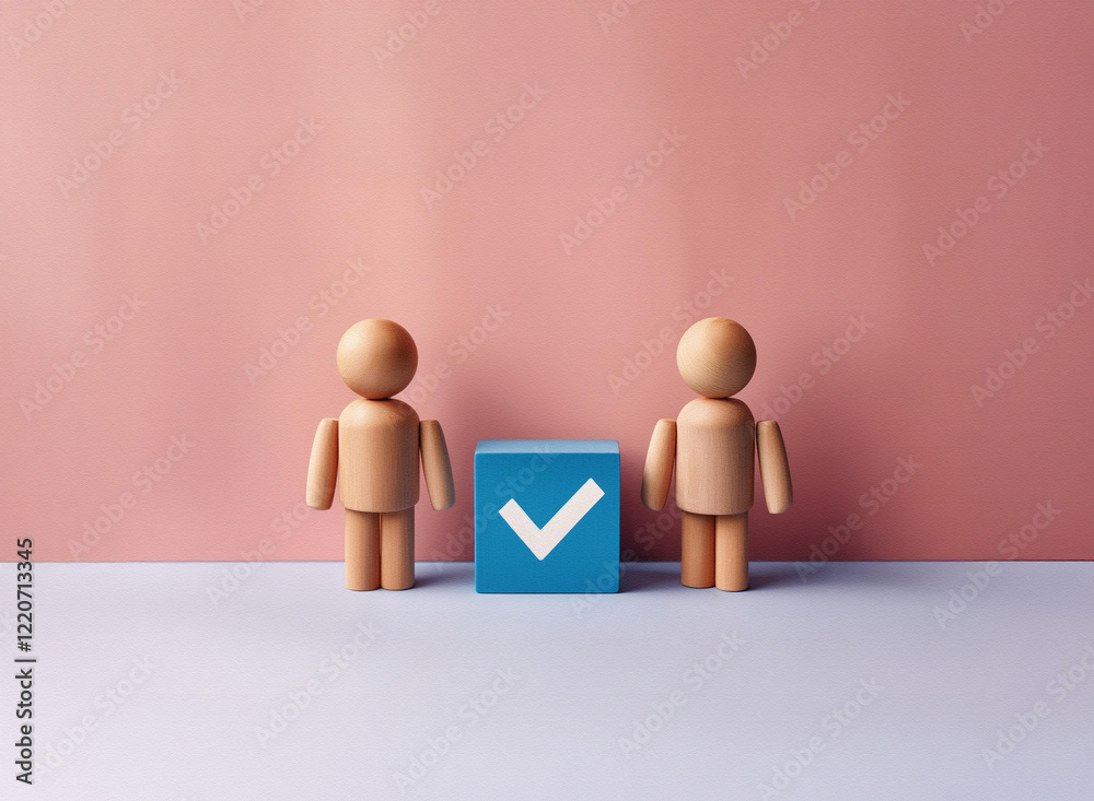 Poster grainy textured image of two wooden figurines flanking a blue cube with a checkmark. simple, minimal