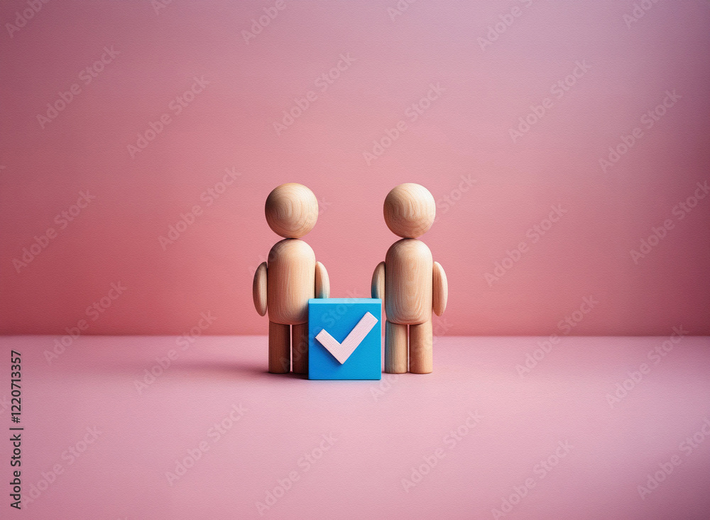 Poster two wooden figurines stand beside a blue square with a checkmark. the image has a grainy texture and