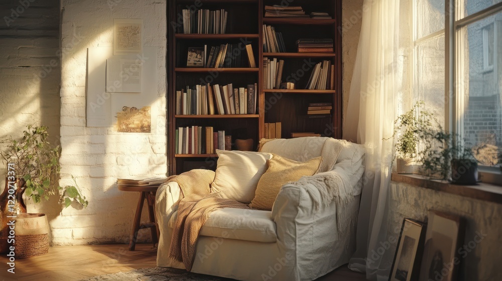 Poster cozy nook in a loft with oversized chair and warm sunlight filtering through the window