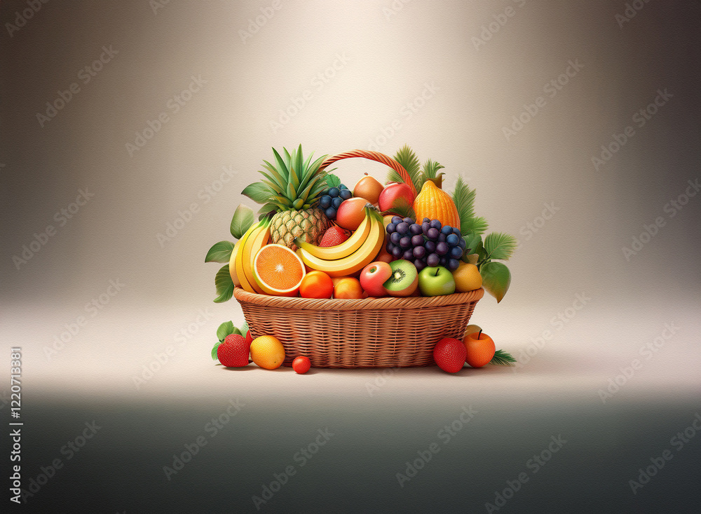 Poster a grainy textured image shows a wicker basket overflowing with a vibrant assortment of fresh fruits,