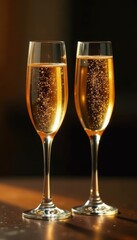 Two champagne flutes, golden liquid, celebratory setting, decor, setting, drinks