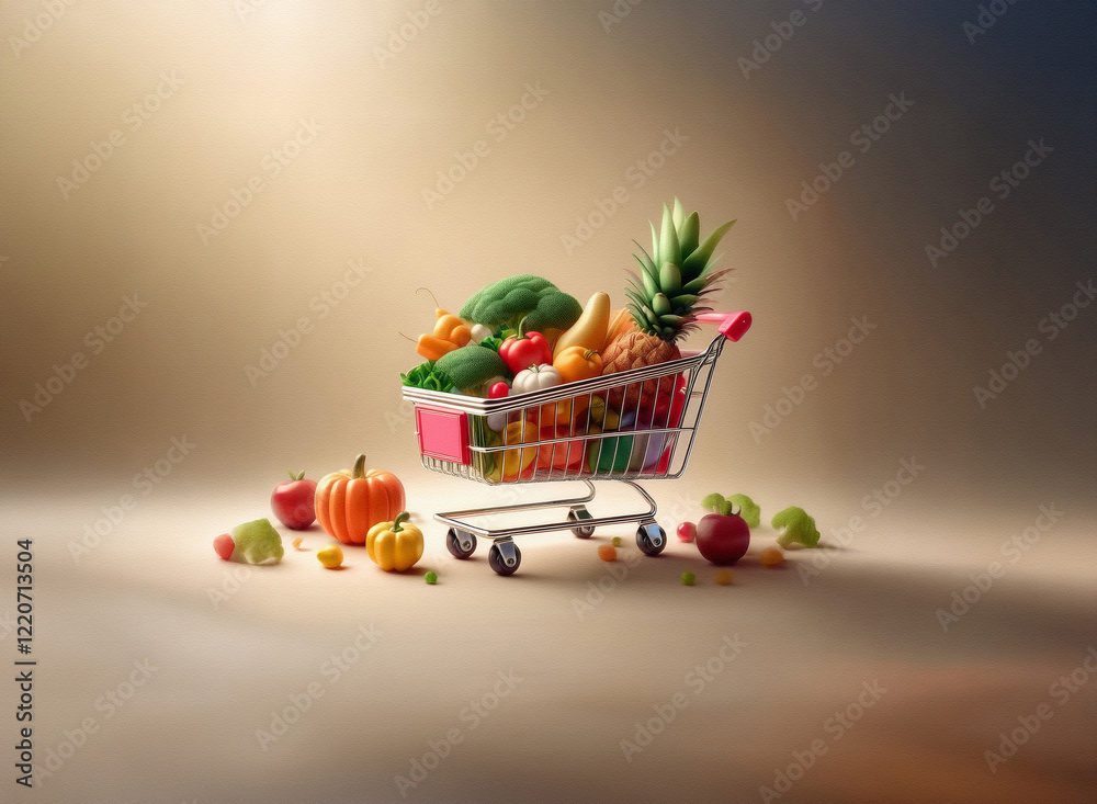 Poster A miniature shopping cart overflowing with a vibrant array of fresh fruits and vegetables. The grainy texture of the image adds a unique, artistic feel.