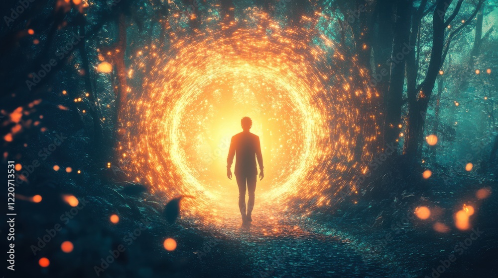 Aufkleber man walking through glowing portal in mystical forest at twilight